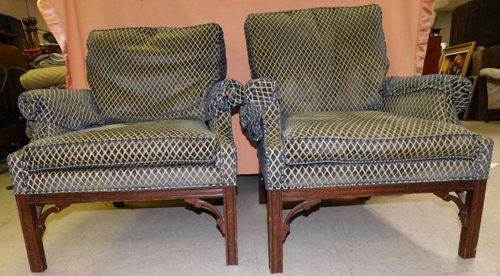 Pair Mahogany Upholstered Chinese Chippendale Arm Chairs By Southwood (1 of 5)