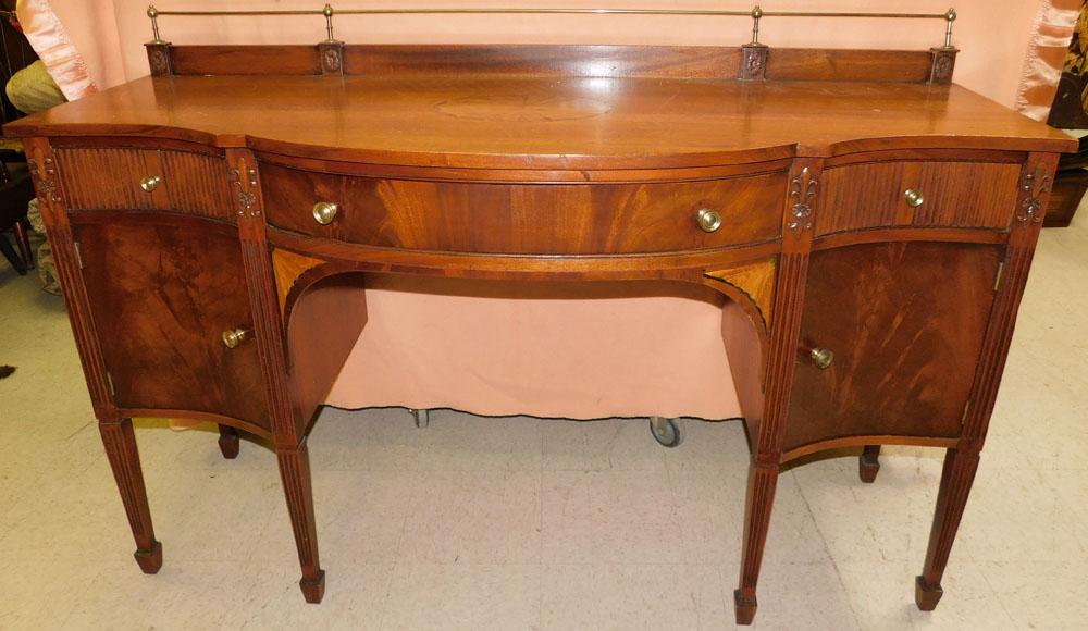 Centennial Mahogany Inlaid Sideboard W/ Brass Gallery: Centennial Mahogany Inlaid Sideboard W/ Brass Gallery. 64" W 23 1/4" D 42 3/4" H PLEASE REFER TO OUR "TERMS OF SALE" FOR FULL DISCLOSURE OF OUR POLICY. THANK YOU!"