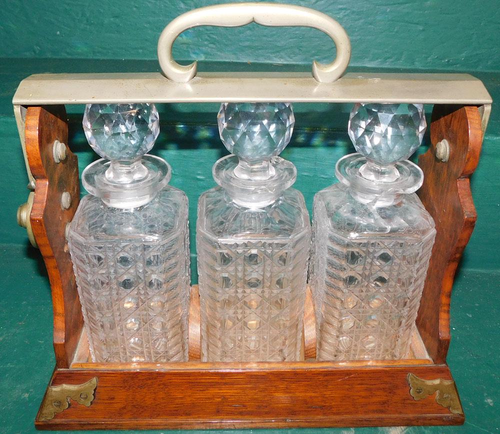 Oak Metal Bound Three Cut Glass Bottle Tantalus Set (1 of 5)