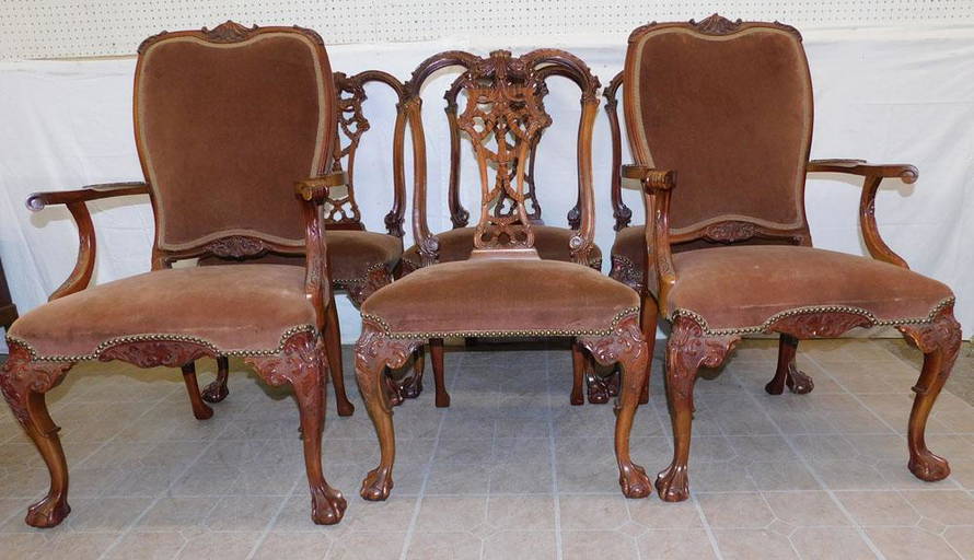 Set 6 Mahogany Carved Ball & Claw Feet Dining Chairs