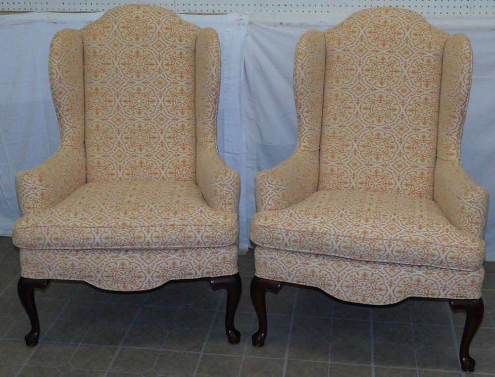 Pair Peach & Cream Upholstered Queen Anne Style Wing Back Chairs, (Unsigned Ethan Allen) (1 of 6)