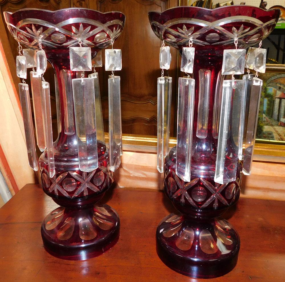 Pair Bohemian Ruby Cut To Clear Lusters (1 of 2)
