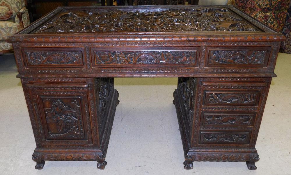 Oriental Teakwood Carved 3 Part Desk (1 of 13)