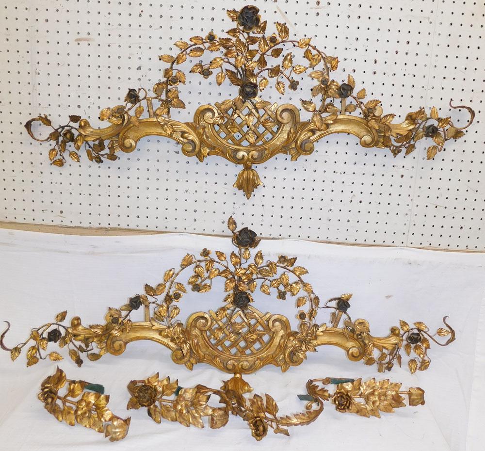 Pair Wood Carved & Gilt Metal Wall Hangings: Pair Wood Carved & Gilt Metal Wall Hangings. 44 1/4" X 18 1/4" PLEASE REFER TO OUR "TERMS OF SALE" FOR FULL DISCLOSURE OF OUR POLICY. THANK YOU!"