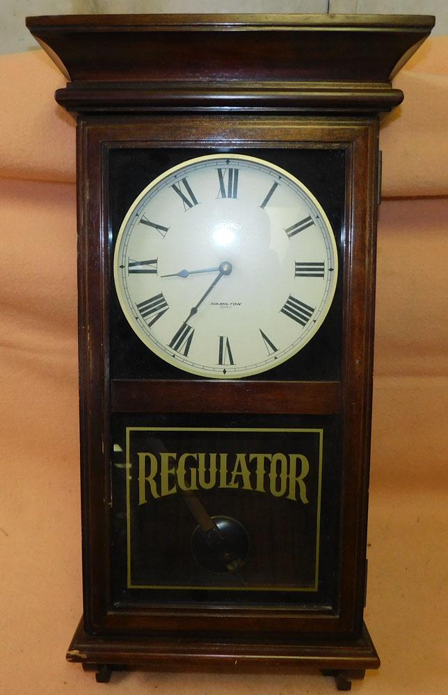 Regulator Clock: Regulator Clock . "ALL DESCRIPTIONS AND ANY CONDITION STATEMENT GIVEN BY LANGSTON AUCTION GALLERY ARE STRICTLY OPINIONS AND LANGSTON'S SHALL HAVE NO RESPONSIBILITY FOR ERRORS OR OMISSIONS. THE ABSENCE