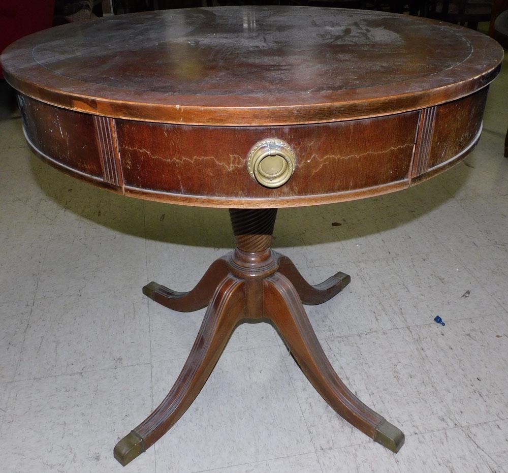 Mahogany Inlay Drum Table By Brandt: Mahogany Inlay Drum Table By Brandt. 30" Dia 28" H "ALL DESCRIPTIONS AND ANY CONDITION STATEMENT GIVEN BY LANGSTON AUCTION GALLERY ARE STRICTLY OPINIONS AND LANGSTON'S SHALL HAVE NO RESPONSIBILITY FOR