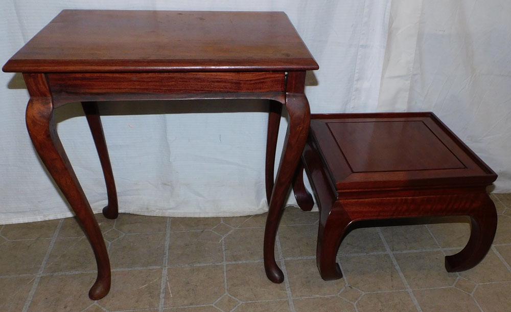 Mahogany Queen Anne Tea Table & Oriental Stand: Mahogany Queen Anne Tea Table & Oriental Stand. 16" W 21" D 22 1/4" H "ALL DESCRIPTIONS AND ANY CONDITION STATEMENT GIVEN BY LANGSTON AUCTION GALLERY ARE STRICTLY OPINIONS AND LANGSTON'S SHALL HAVE NO