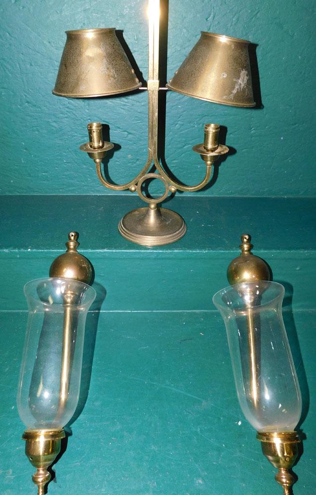 Pair Brass & Glass Sconces & Brass Lamp (1 of 1)