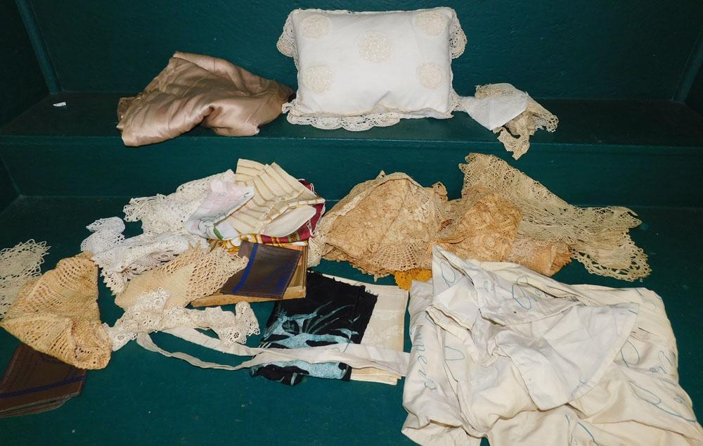 Lot Crotched Linens & Ladies Scarfs: Lot Crotched Linens & Ladies Scarfs. "ALL DESCRIPTIONS AND ANY CONDITION STATEMENT GIVEN BY LANGSTON AUCTION GALLERY ARE STRICTLY OPINIONS AND LANGSTON'S SHALL HAVE NO RESPONSIBILITY FOR ERRORS OR OMI