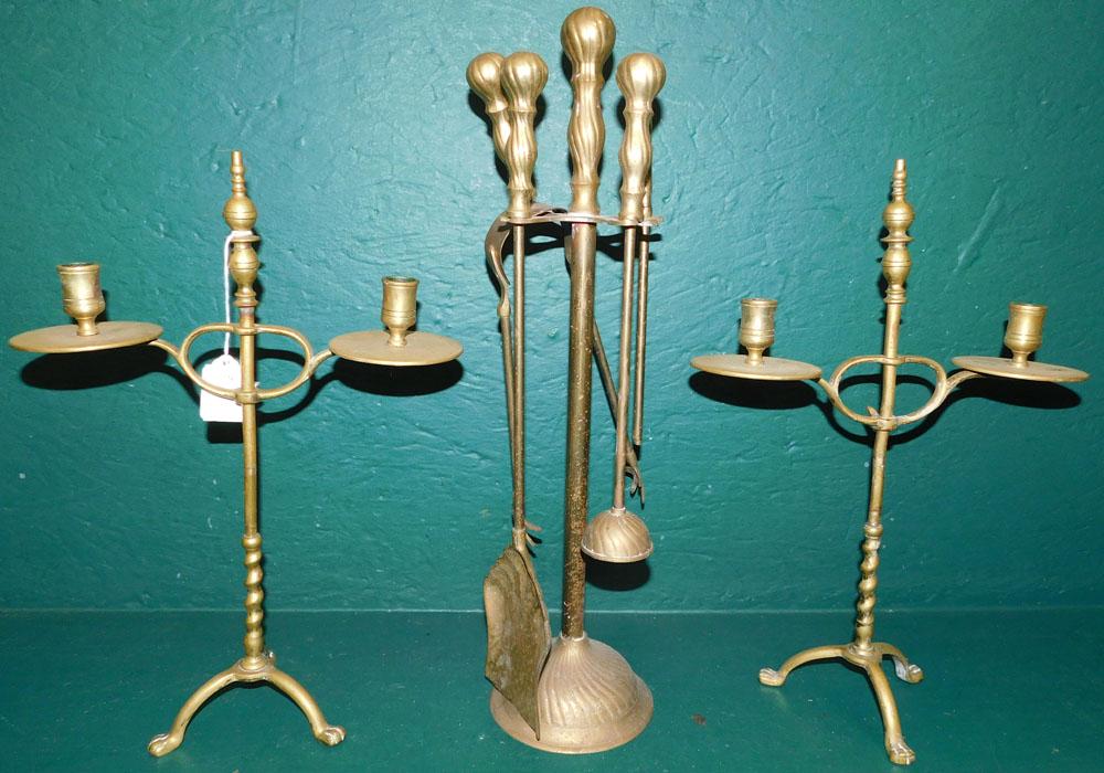 Pair Brass Candlesticks & Brass Fire tools (1 of 3)