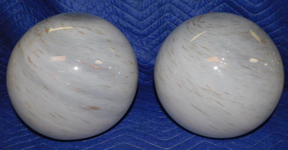 Pair Art Glass Decorative Balls: Pair Art Glass Decorative Balls. "ALL DESCRIPTIONS AND ANY CONDITION STATEMENT GIVEN BY LANGSTON AUCTION GALLERY ARE STRICTLY OPINIONS AND LANGSTON'S SHALL HAVE NO RESPONSIBILITY FOR ERRORS OR OMISSIO