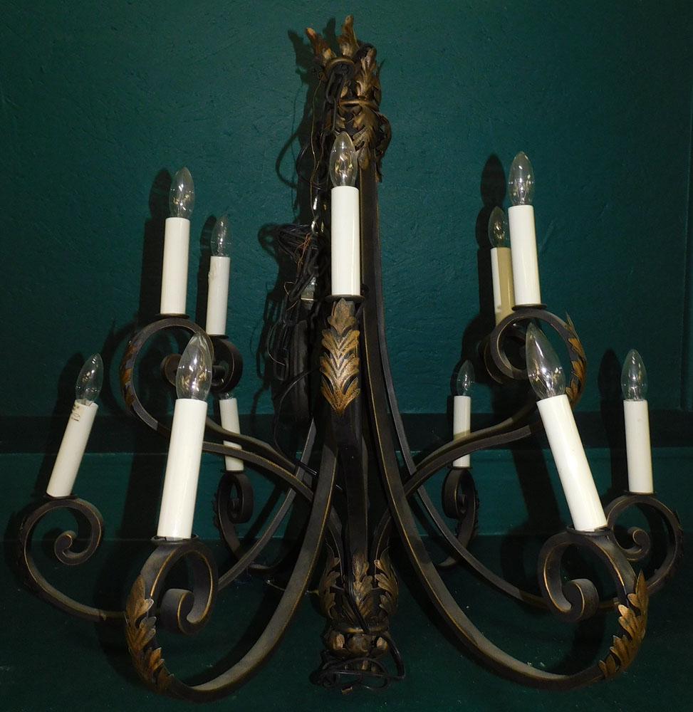 Painted 12 Light Metal Chandelier: Painted 12 Light Metal Chandelier. 33" Dia 34" H "ALL DESCRIPTIONS AND ANY CONDITION STATEMENT GIVEN BY LANGSTON AUCTION GALLERY ARE STRICTLY OPINIONS AND LANGSTON'S SHALL HAVE NO RESPONSIBILITY FOR E