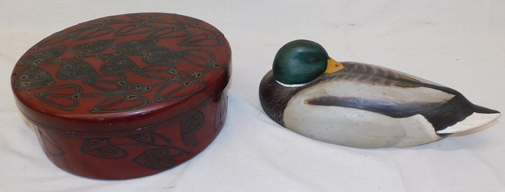 Wood Carved Painted Duck Decoy - Signed & Red Lacquered Box (1 of 5)