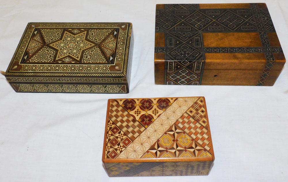 Three Anglo Indian Dresser Boxes: Three Anglo Indian Dresser Boxes. 8 1/2" W 6" D 2 3/4" H "ALL DESCRIPTIONS AND ANY CONDITION STATEMENT GIVEN BY LANGSTON AUCTION GALLERY ARE STRICTLY OPINIONS AND LANGSTON'S SHALL HAVE NO RESPONSIBILI