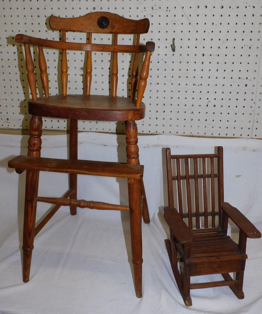 Antique Oak High Chair & Oak Doll Rocker (1 of 2)