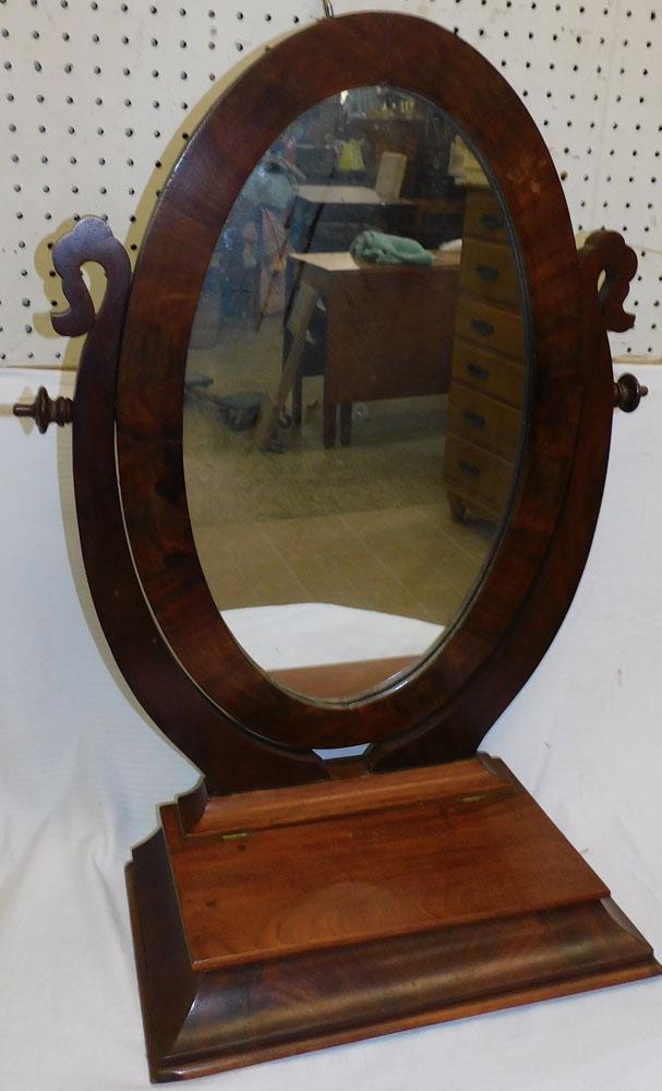 Antique Mahogany Shaving Mirror: Antique Mahogany Shaving Mirror. 22 1/4" W 29 1/2" H "ALL DESCRIPTIONS AND ANY CONDITION STATEMENT GIVEN BY LANGSTON AUCTION GALLERY ARE STRICTLY OPINIONS AND LANGSTON'S SHALL HAVE NO RESPONSIBILITY F