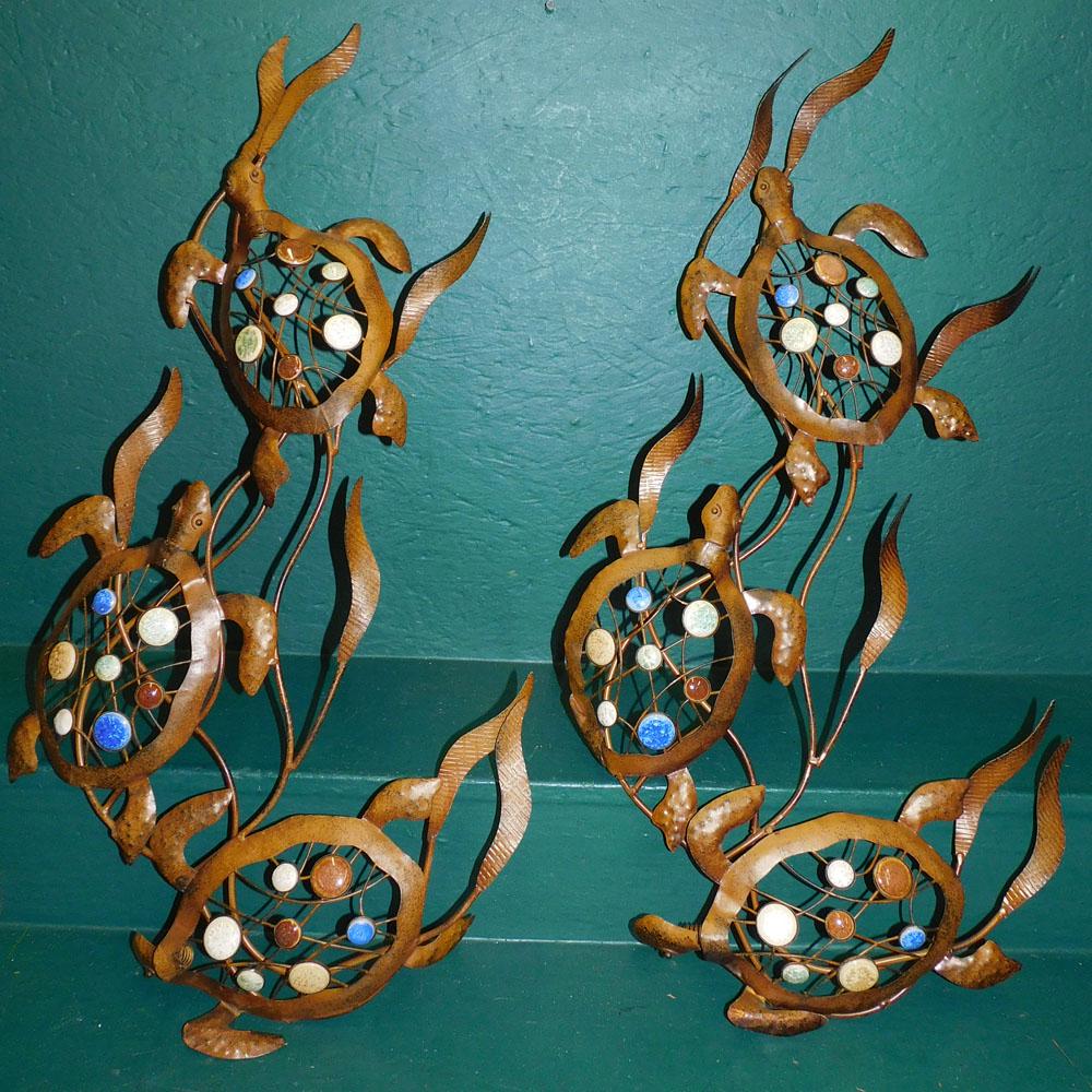 Pair of Painted Metal Wall Hangings of Turtles with Porcelain Inserts (1 of 3)