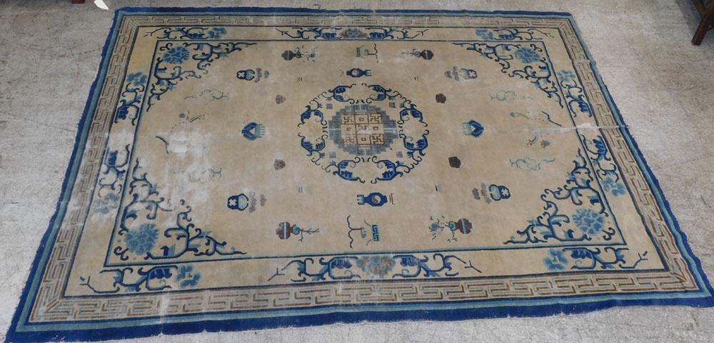 7' 9" X 10' 6" Antique Handmade Chinese Art Deco Rug: 7' 9" X 10' 6" Antique Handmade Chinese Art Deco Rug. "ALL DESCRIPTIONS AND ANY CONDITION STATEMENT GIVEN BY LANGSTON AUCTION GALLERY ARE STRICTLY OPINIONS AND LANGSTON'S SHALL HAVE NO RESPONSIBILITY 