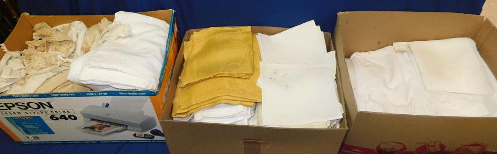 Lot Linens: Lot Linens. "ALL DESCRIPTIONS AND ANY CONDITION STATEMENT GIVEN BY LANGSTON AUCTION GALLERY ARE STRICTLY OPINIONS AND LANGSTON'S SHALL HAVE NO RESPONSIBILITY FOR ERRORS OR OMISSIONS. THE ABSENCE OF A