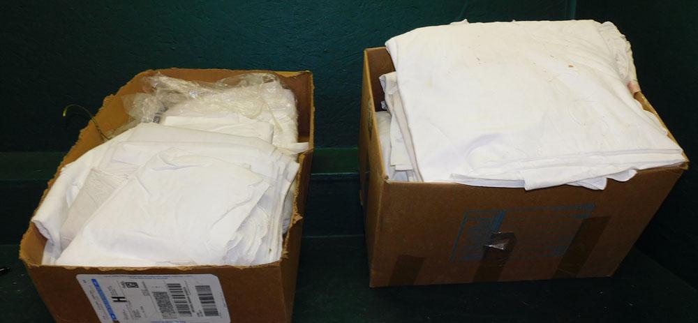 Lot Linens: Lot Linens. "ALL DESCRIPTIONS AND ANY CONDITION STATEMENT GIVEN BY LANGSTON AUCTION GALLERY ARE STRICTLY OPINIONS AND LANGSTON'S SHALL HAVE NO RESPONSIBILITY FOR ERRORS OR OMISSIONS. THE ABSENCE OF A