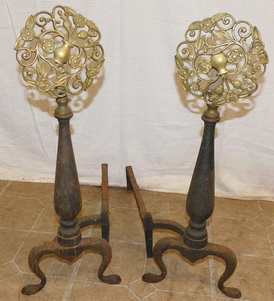 Pair Cast Iron & Brass Sunburst Andirons (1 of 3)