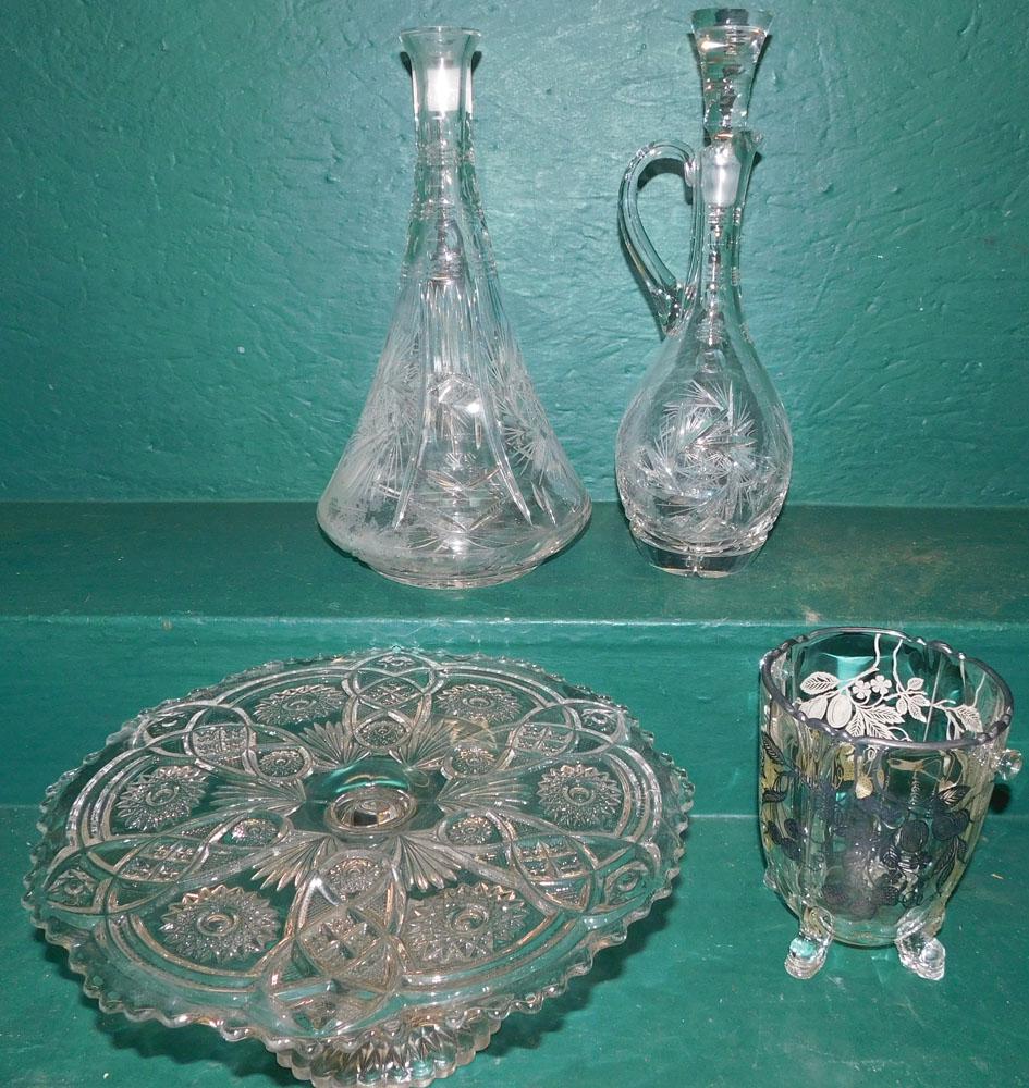 Two Cut Glass Decanters, Silver Overlaid Ice Bucket, & Cake Stand (1 of 5)