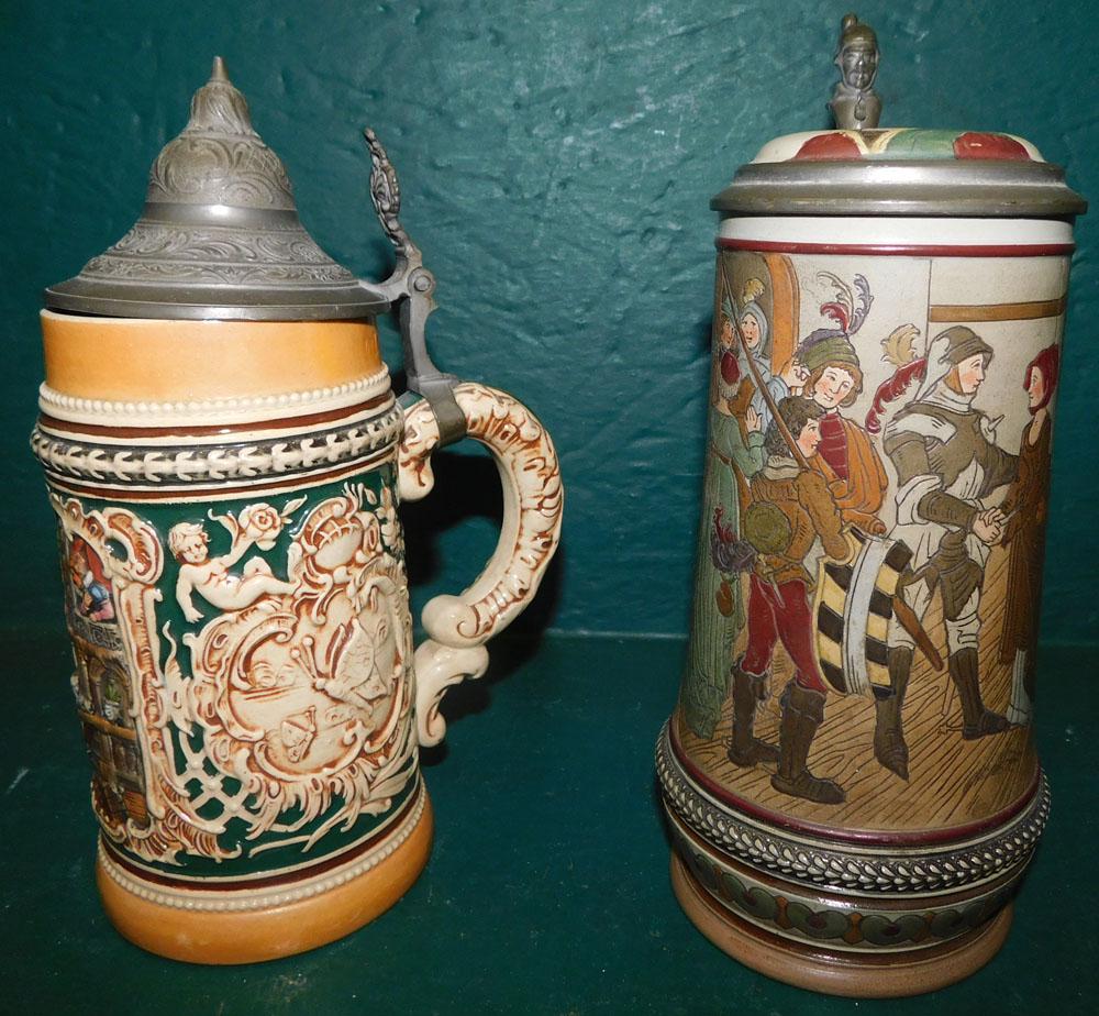 Two German Beer Steins W/ Pewter Lids, (1 Mettlach) (1 of 4)