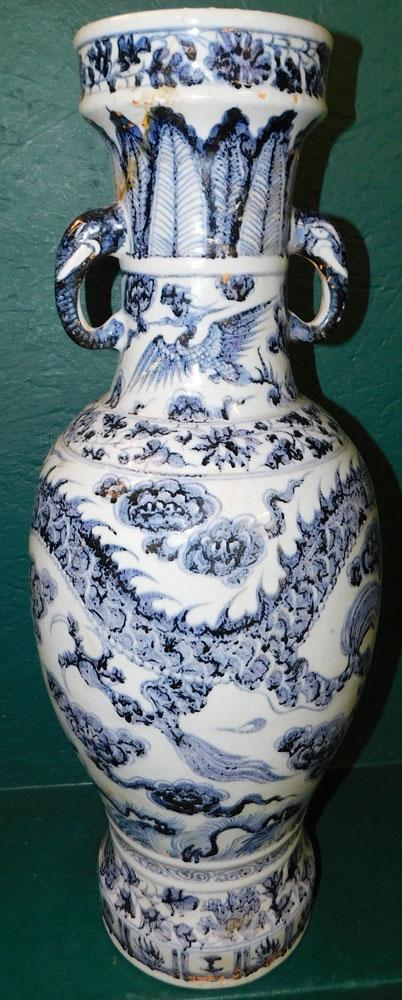 Oriental Blue & White Umbrella Stand ( As Is): Oriental Blue & White Umbrella Stand ( As Is). 24 1/2" H "ALL DESCRIPTIONS AND ANY CONDITION STATEMENT GIVEN BY LANGSTON AUCTION GALLERY ARE STRICTLY OPINIONS AND LANGSTON'S SHALL HAVE NO RESPONSIBILI