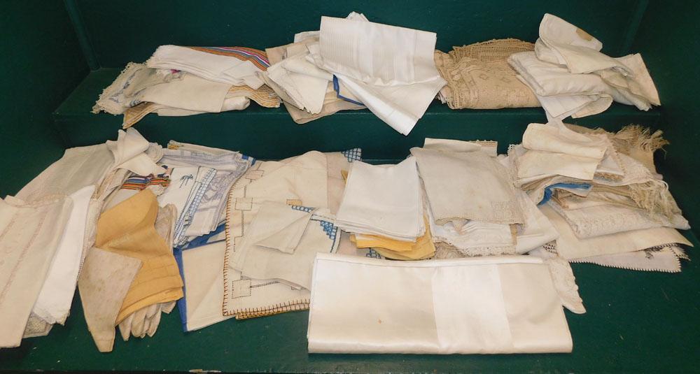 Lot Linens: Lot Linens. "ALL DESCRIPTIONS AND ANY CONDITION STATEMENT GIVEN BY LANGSTON AUCTION GALLERY ARE STRICTLY OPINIONS AND LANGSTON'S SHALL HAVE NO RESPONSIBILITY FOR ERRORS OR OMISSIONS. THE ABSENCE OF A