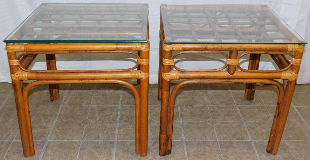 Pair Rattan Glass Top End Tables (1 of 3)