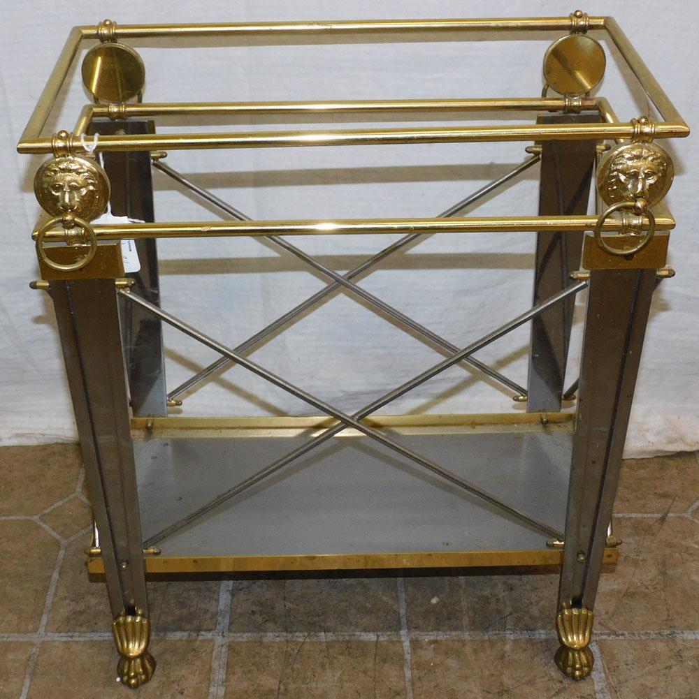 Metal & Brass Stand: Metal & Brass Stand. 16 3/4" W 9" D 18 1/2" H "ALL DESCRIPTIONS AND ANY CONDITION STATEMENT GIVEN BY LANGSTON AUCTION GALLERY ARE STRICTLY OPINIONS AND LANGSTON'S SHALL HAVE NO RESPONSIBILITY FOR ERRO