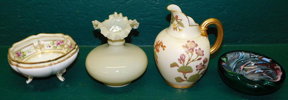 Nippon Dish, Art Glass Ash Tray, Worcester Pitcher, & Ruffled Glass Vase: Nippon Dish, Art Glass Ash Tray, Worcester Pitcher, & Ruffled Glass Vase. "ALL DESCRIPTIONS AND ANY CONDITION STATEMENT GIVEN BY LANGSTON AUCTION GALLERY ARE STRICTLY OPINIONS AND LANGSTON'S SHALL HAV