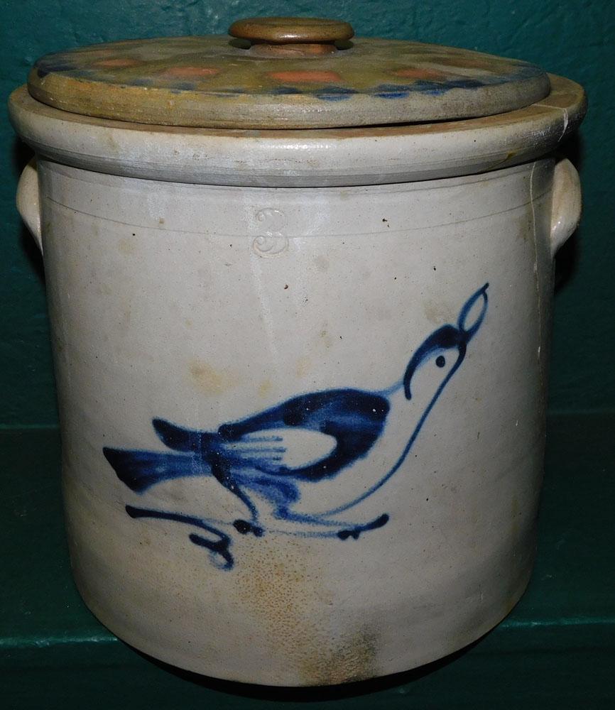 3 Gallon Stoneware Crock with Blue Bird Decoration, (As Is) (1 of 5)