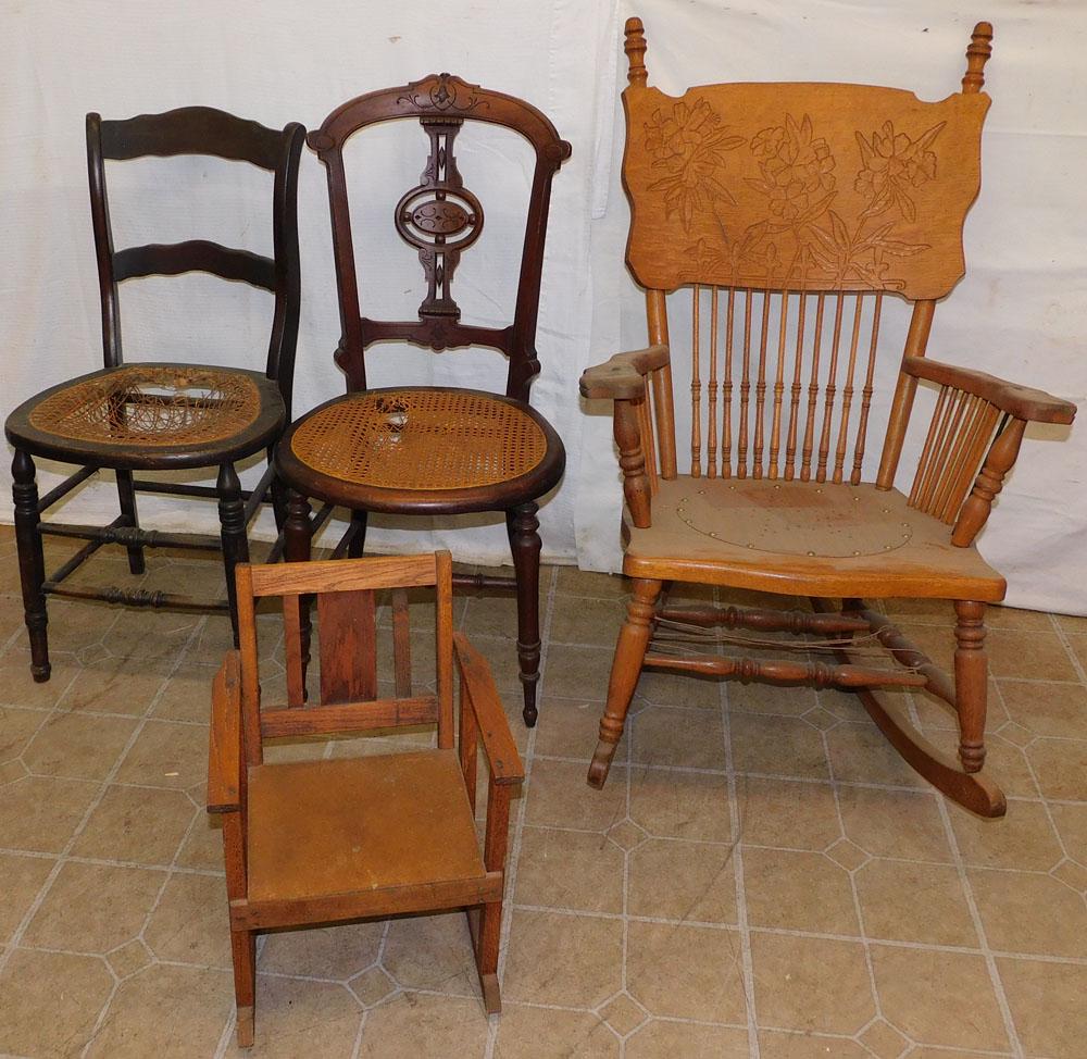 Antique Oak Press Carved Rocker, Victorian Chairs, & Child's Oak Rocker (1 of 5)