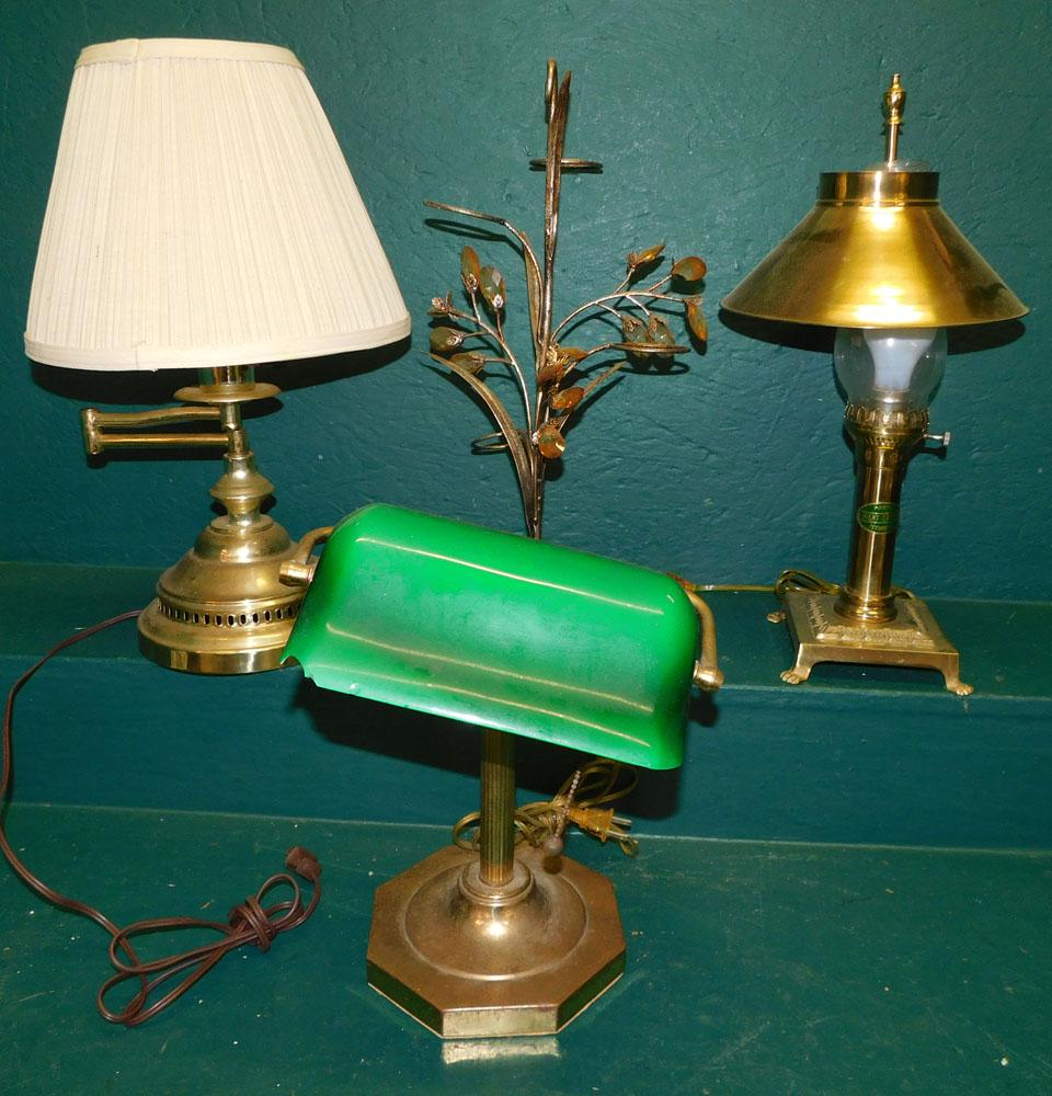 Lot of Brass Lamps & Metal Candleholder: Lot of Brass Lamps & Metal Candleholder. "ALL DESCRIPTIONS AND ANY CONDITION STATEMENT GIVEN BY LANGSTON AUCTION GALLERY ARE STRICTLY OPINIONS AND LANGSTON'S SHALL HAVE NO RESPONSIBILITY FOR ERRORS OR