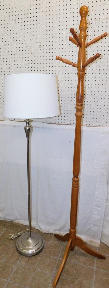 Maple Hat Stand & Metal Floor Lamp: Maple Hat Stand & Metal Floor Lamp . 71 3/4" H "ALL DESCRIPTIONS AND ANY CONDITION STATEMENT GIVEN BY LANGSTON AUCTION GALLERY ARE STRICTLY OPINIONS AND LANGSTON'S SHALL HAVE NO RESPONSIBILITY FOR ERR