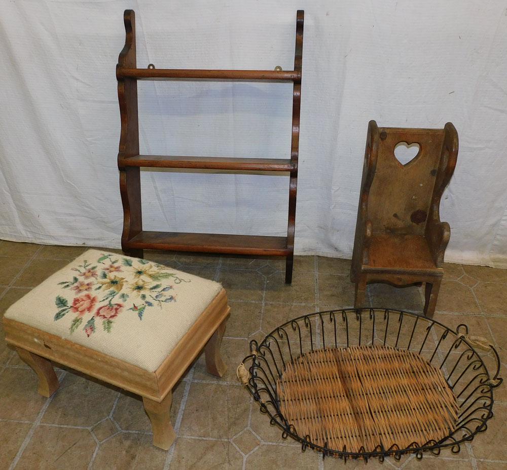 Needlepoint Top Stool, Pine Shelf, Doll Chair, & Metal Wire Basket (1 of 5)