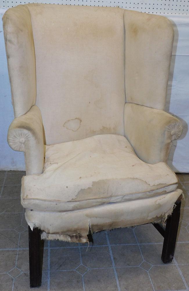 19th Century Wing Back Chair Frame: 19th Century Wing Back Chair Frame. 44" H "ALL DESCRIPTIONS AND ANY CONDITION STATEMENT GIVEN BY LANGSTON AUCTION GALLERY ARE STRICTLY OPINIONS AND LANGSTON'S SHALL HAVE NO RESPONSIBILITY FOR ERRORS O