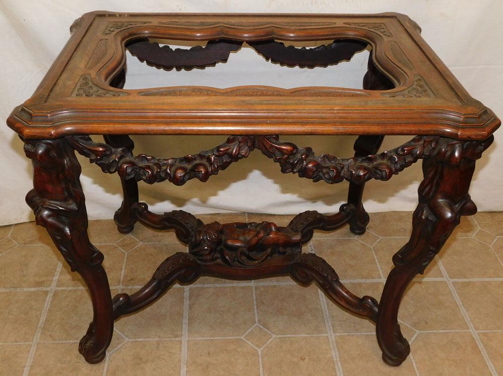 Carved Walnut Stretcher Base Tea Table , (No top) (1 of 2)