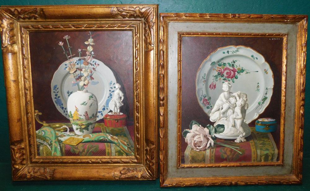 Pair Oil On Canvas Still Life Oriental Pottery Scenes Signed Louis Adolphe Stritt (1 of 6)