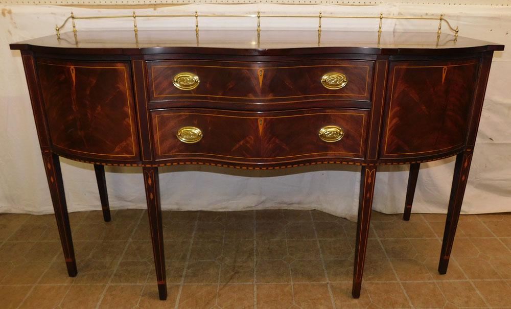 Mahogany Inlay Serpentine Front Side Board By Henkel Harris: Mahogany Inlay Serpentine Front Side Board By Henkel Harris. 66 1/2" W 25" D 42" H ALL DESCRIPTIONS AND ANY CONDITION STATEMENT GIVEN BY LANGSTON AUCTION GALLERY ARE STRICTLY OPINIONS AND LANGSTON'S S