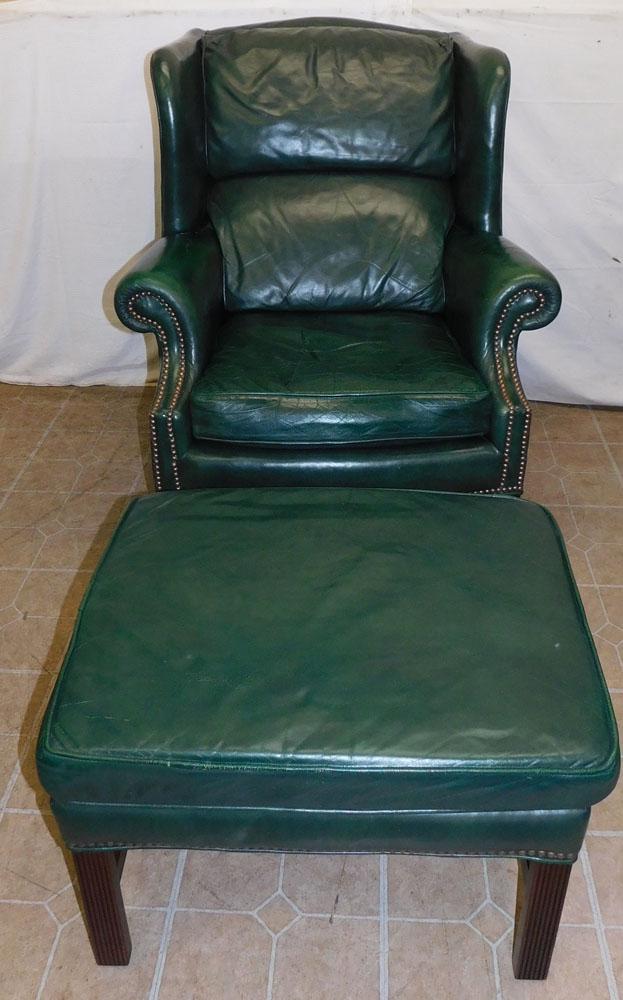Green Leather Wing Chair & Ottoman  By Classic (1 of 11)