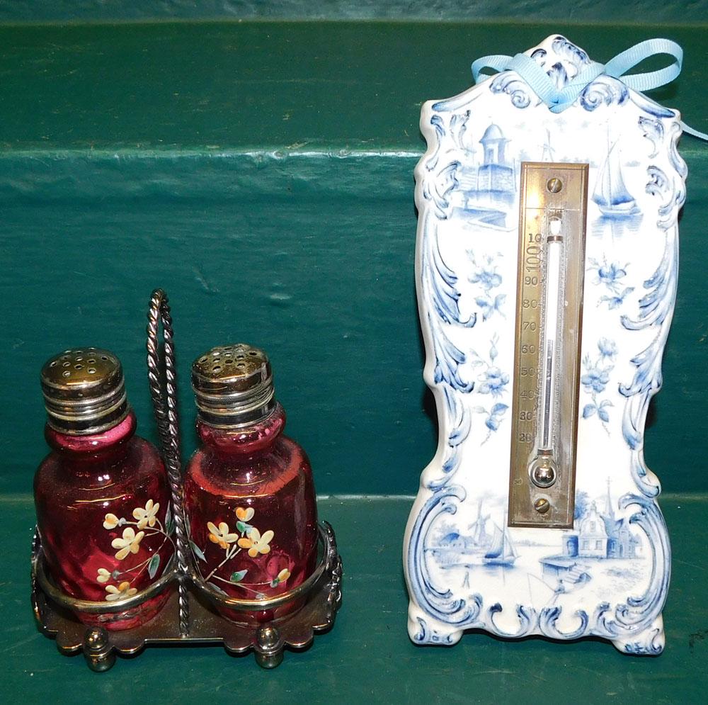 Blue & White Porcelain Thermometer & Enamel Decorated Ruby Glass Salt & Pepper Shakers (1 of 4)