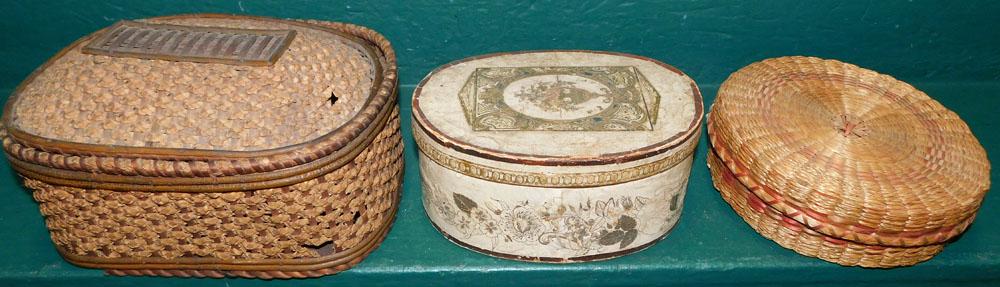 Two Native American Woven Boxes & Wallpaper Box: Two Native American Woven Boxes & Wallpaper Box. 10" W 5" H ALL DESCRIPTIONS AND ANY CONDITION STATEMENT GIVEN BY LANGSTON AUCTION GALLERY ARE STRICTLY OPINIONS AND LANGSTON'S SHALL HAVE NO RESPONSIBI