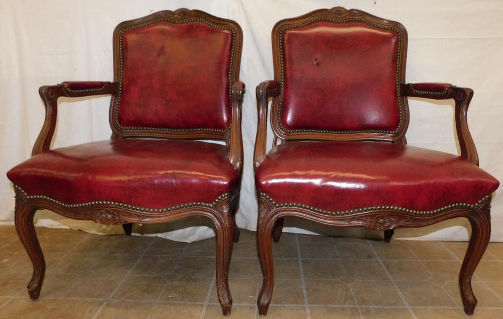 Pair Walnut Carved & Leather Upholstered Fauteuils (1 of 6)