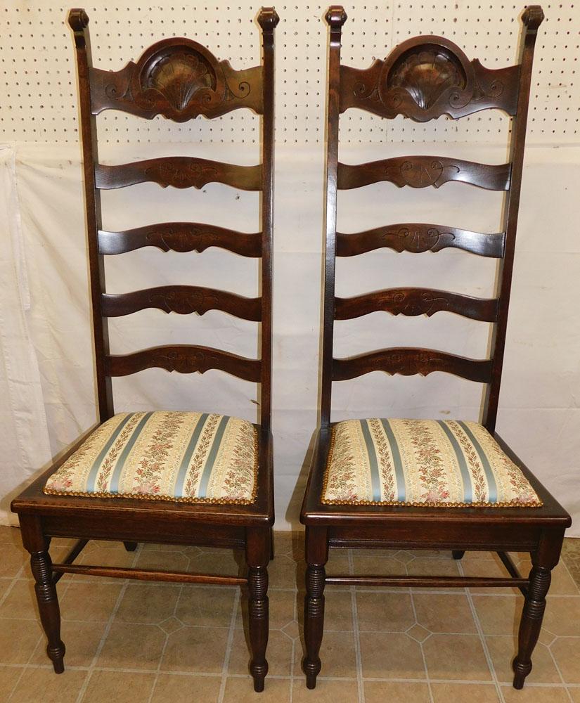 Pair Oak Shell Carved Ladder Back Chairs (1 of 7)