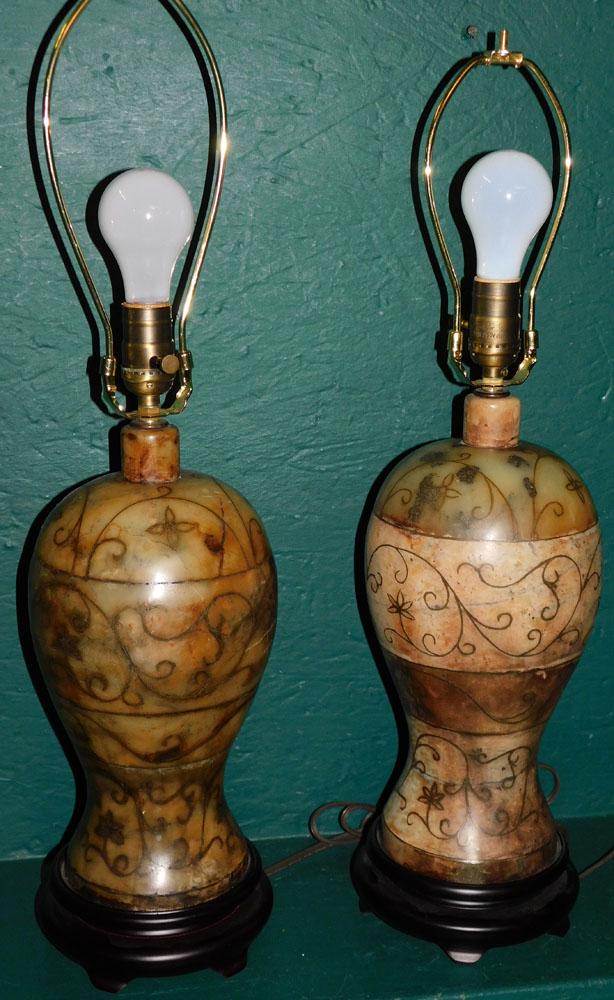 2 Decorated Bulbous Marble Lamps: 2 Decorated Bulbous Marble Lamps. 26" H ALL DESCRIPTIONS AND ANY CONDITION STATEMENT GIVEN BY LANGSTON AUCTION GALLERY ARE STRICTLY OPINIONS AND LANGSTON'S SHALL HAVE NO RESPONSIBILITY FOR ERRORS OR O