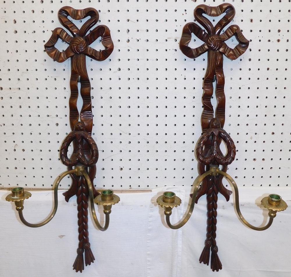Mahogany Carved & Brass Wall Sconces (1 of 5)