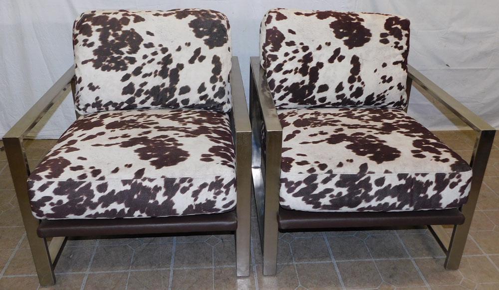 Pair Mid Century Modern Chrome & Cow Print Upholstered Club Chairs (1 of 3)