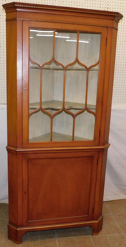 Mahogany Glass Door Corner Cabinet: Mahogany Glass Door Corner Cabinet. 35 1/2" W 20" D 72 1/4" H ALL DESCRIPTIONS AND ANY CONDITION STATEMENT GIVEN BY LANGSTON AUCTION GALLERY ARE STRICTLY OPINIONS AND LANGSTON'S SHALL HAVE NO RESPONSI